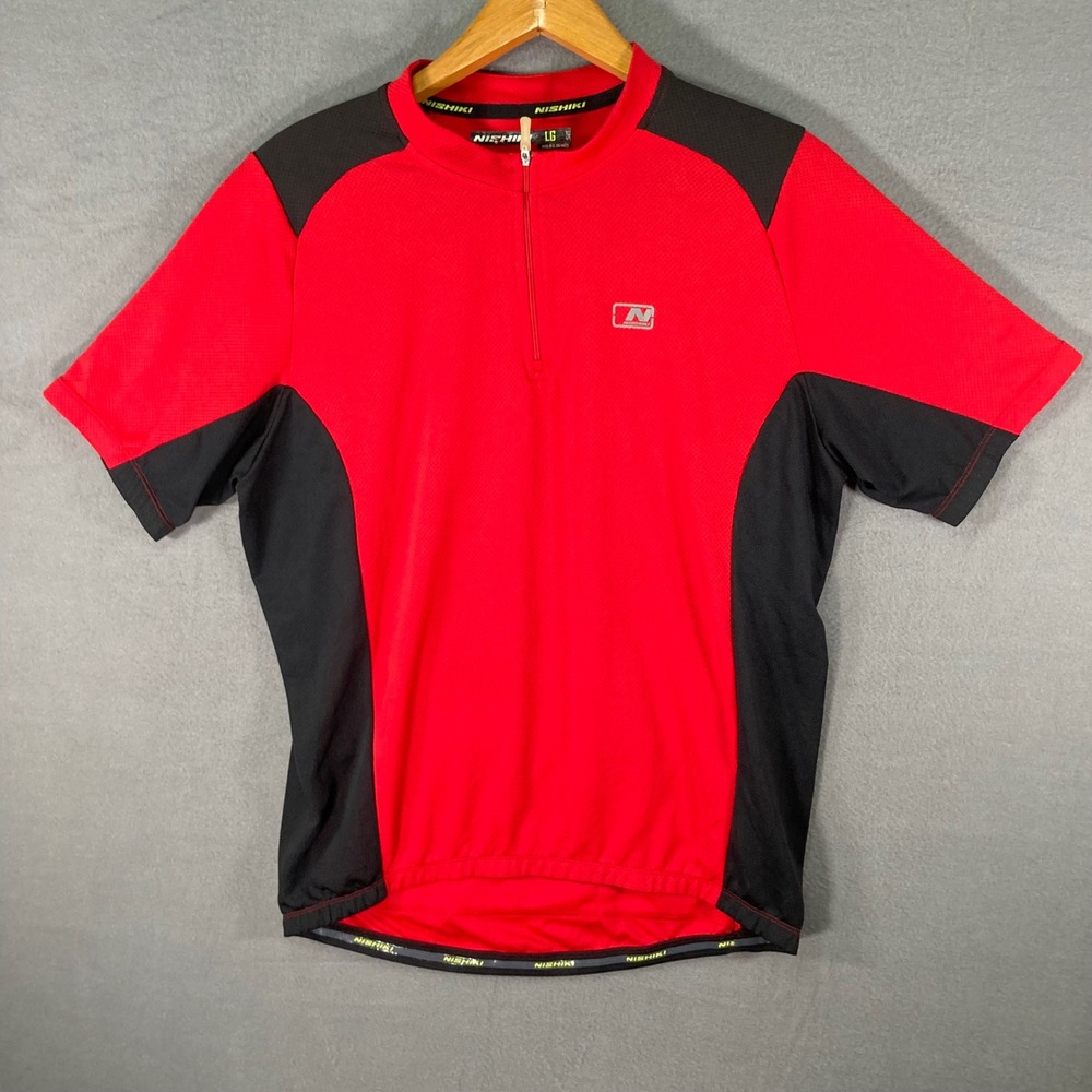 Nishiki Cycling Jersey Men's Large Red Black Quarter Zip Bike Shirt‎